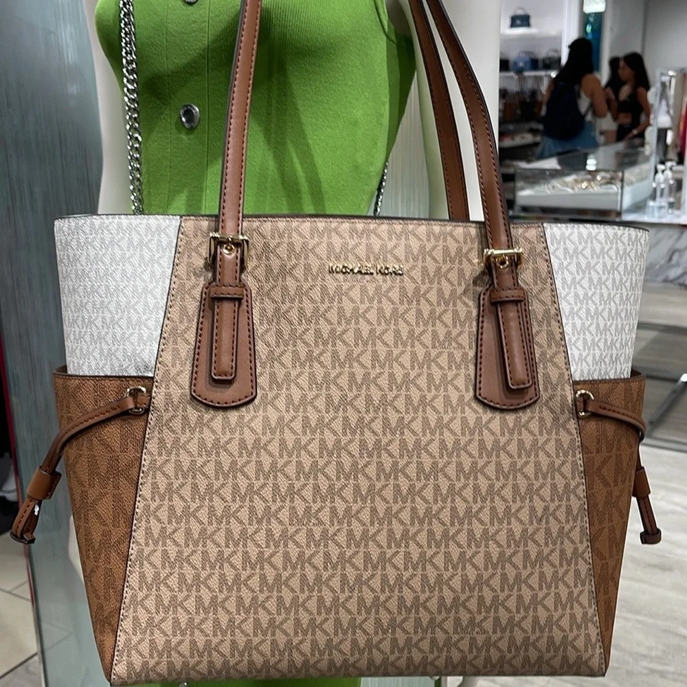 Michael Kors Voyager Large Color-Block Signature Logo Tote Bag Camel Multi  NWT